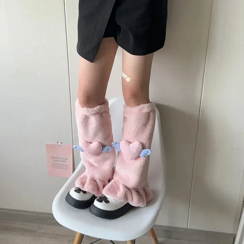 Sohiwoo Sweet Pink Bow Tie Leg Warmers Kawaii Japanese Plush Fur Leg Winter Warm Y2K Leg Covers Harajuku Bow Boot Cuffs JK Lolita Sock