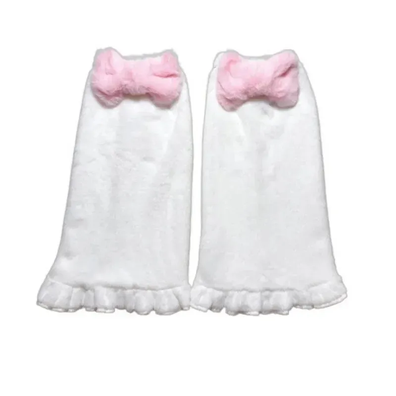 Sohiwoo Sweet Pink Bow Tie Leg Warmers Kawaii Japanese Plush Fur Leg Winter Warm Y2K Leg Covers Harajuku Bow Boot Cuffs JK Lolita Sock