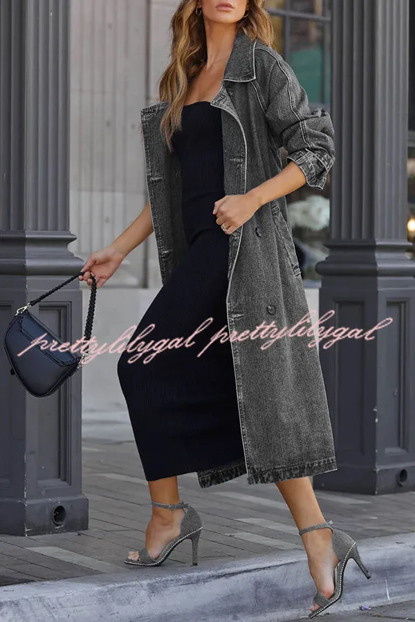 Solid Color Denim Double Pocket Button Down Midi Trench Coat