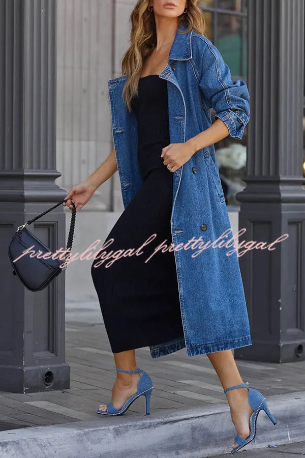 Solid Color Denim Double Pocket Button Down Midi Trench Coat