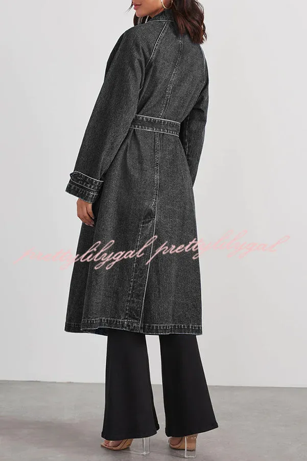 Solid Color Denim Double Pocket Button Down Midi Trench Coat