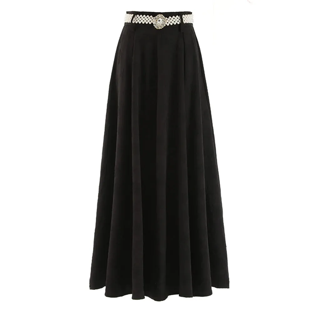 Solid Spliced Pearl A Line Skirts For Women High Waist Patchwork Belt Summer Dress Female Fashion Style Clothing