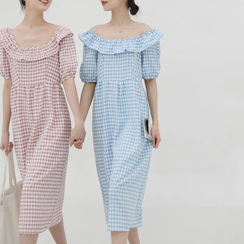 spring new Korean version of the Japanese cute plaid one shoulder dress