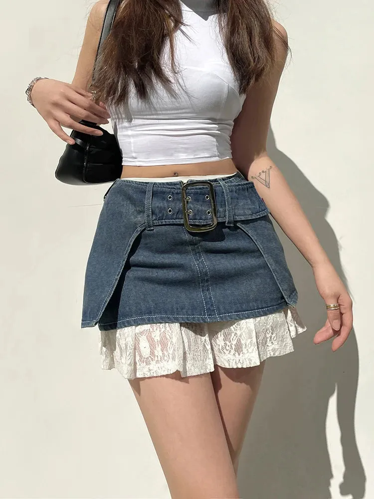 Streetwear Y2K Aesthetic Design Mini Skirt Outfits Buckle Belted Fashion Super Short Sexy Women Denim Skirt Clothing