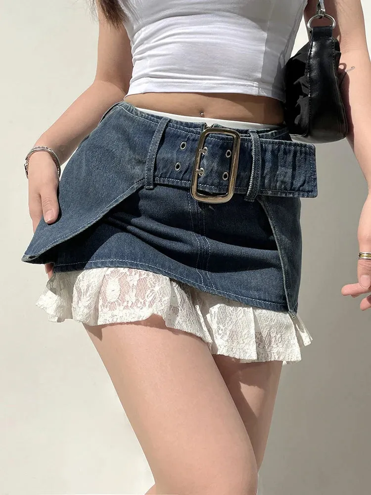 Streetwear Y2K Aesthetic Design Mini Skirt Outfits Buckle Belted Fashion Super Short Sexy Women Denim Skirt Clothing