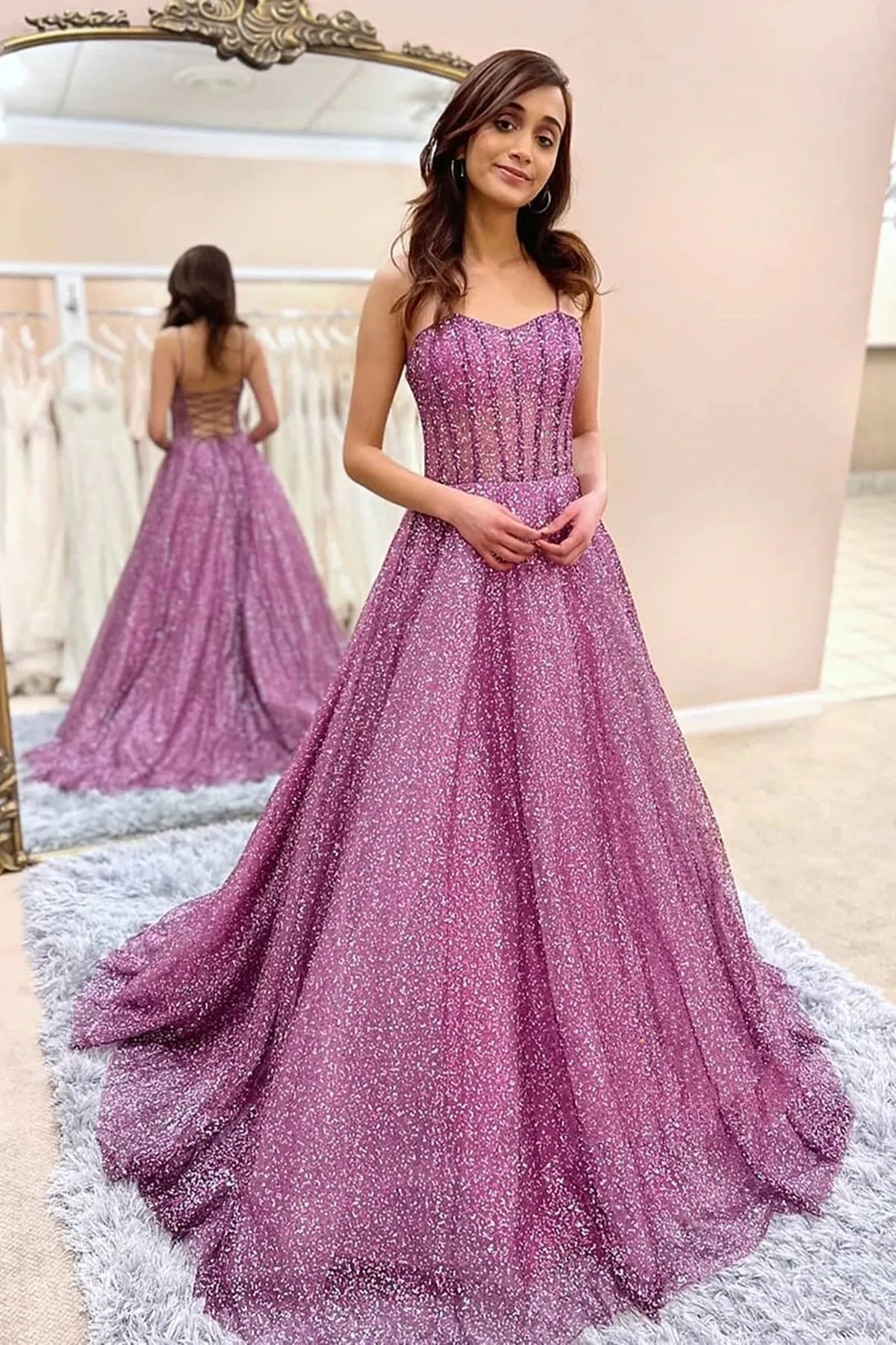 Sweetheart Neck Open Back Purple Tulle Long Prom Dresses, Sparkly Purple Formal Evening Dresses