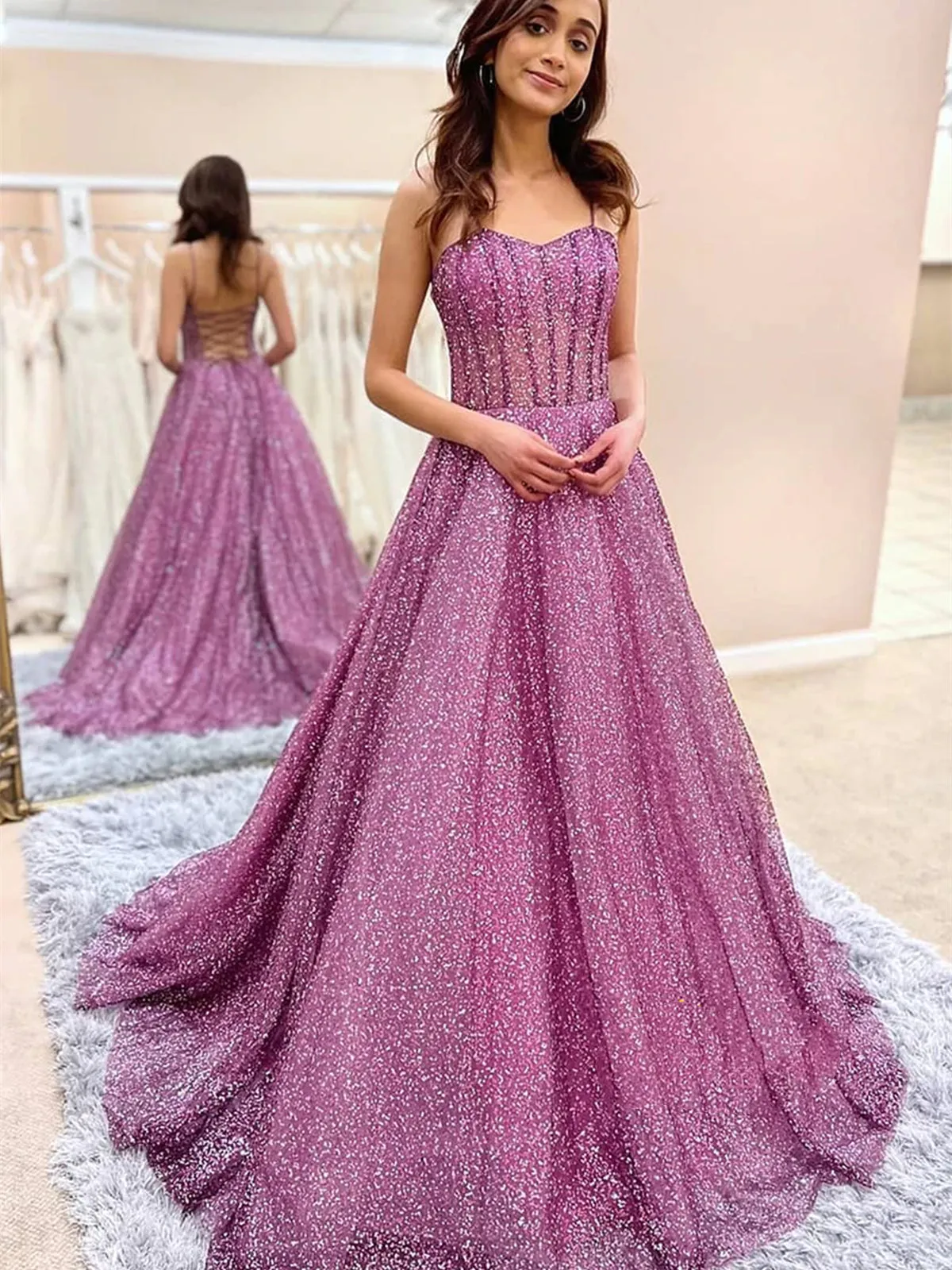 Sweetheart Neck Open Back Purple Tulle Long Prom Dresses, Sparkly Purple Formal Evening Dresses