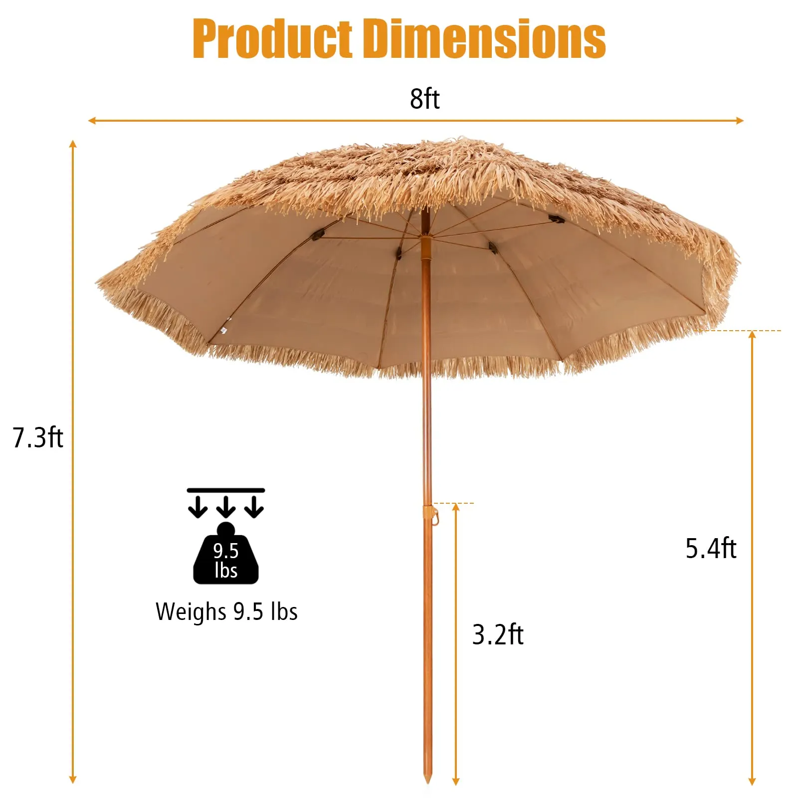 Tangkula 8 FT Thatched Patio Umbrella, Hawaiian Style Grass Beach Umbrella with 8 Ribs