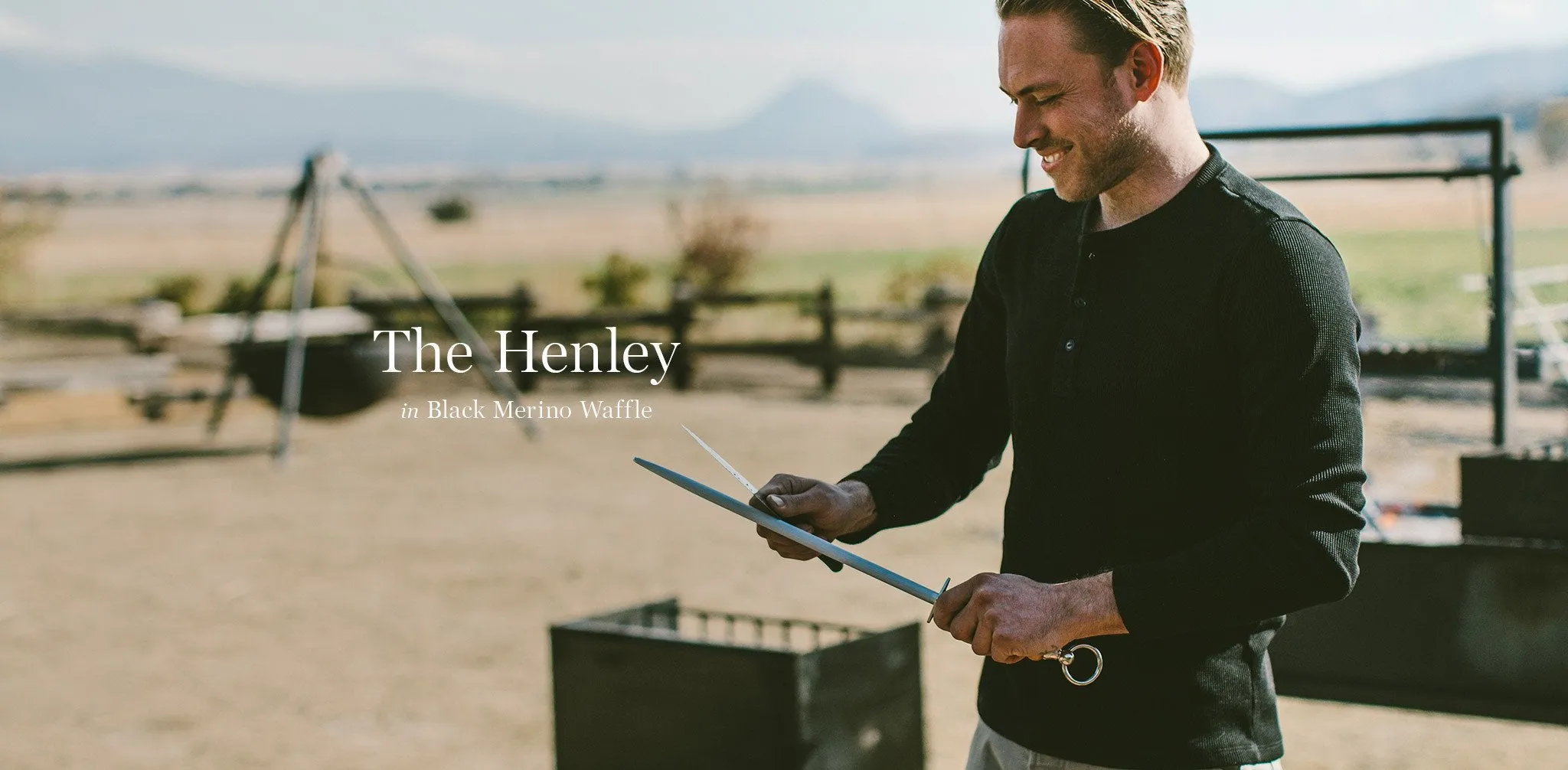 The Henley in Black Merino Waffle