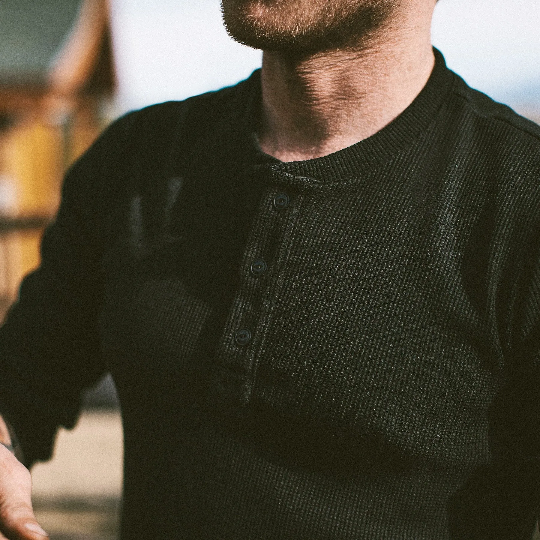 The Henley in Black Merino Waffle