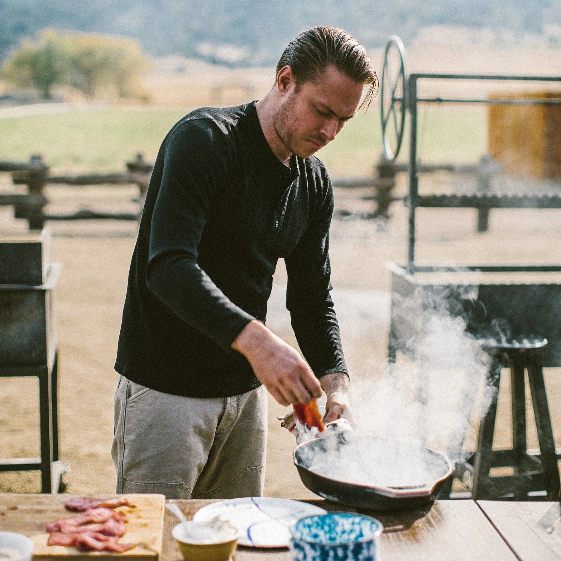 The Henley in Black Merino Waffle