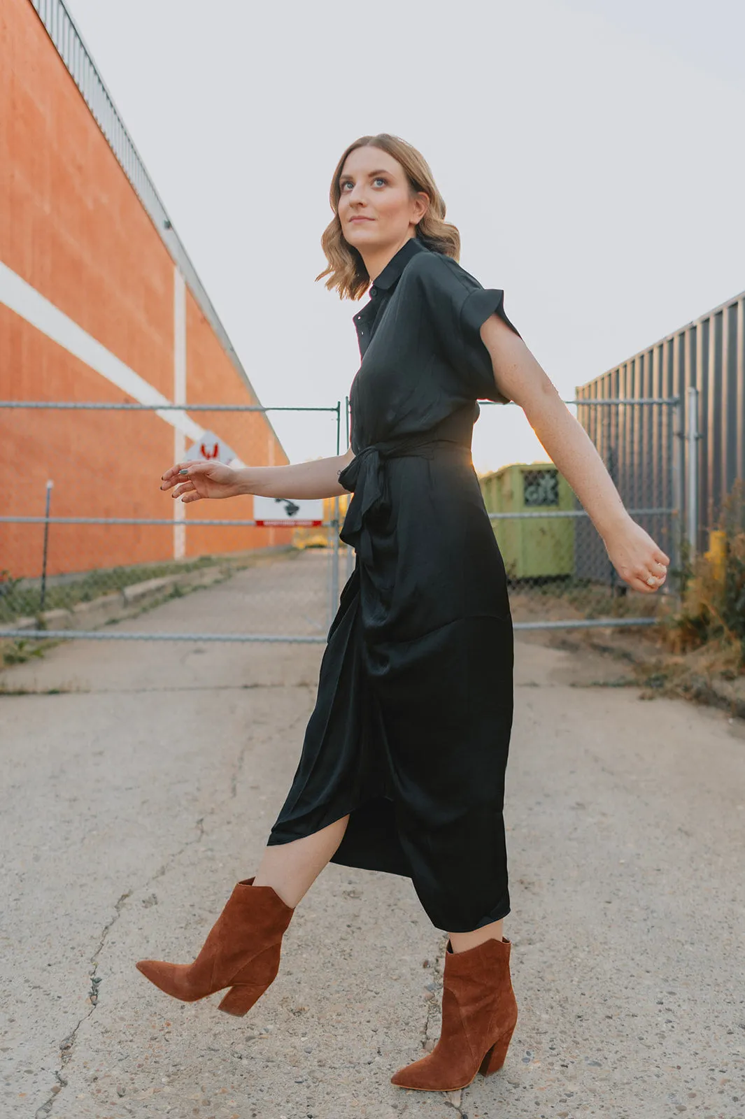 The Tori Satin Midi Shirt Dress - Black