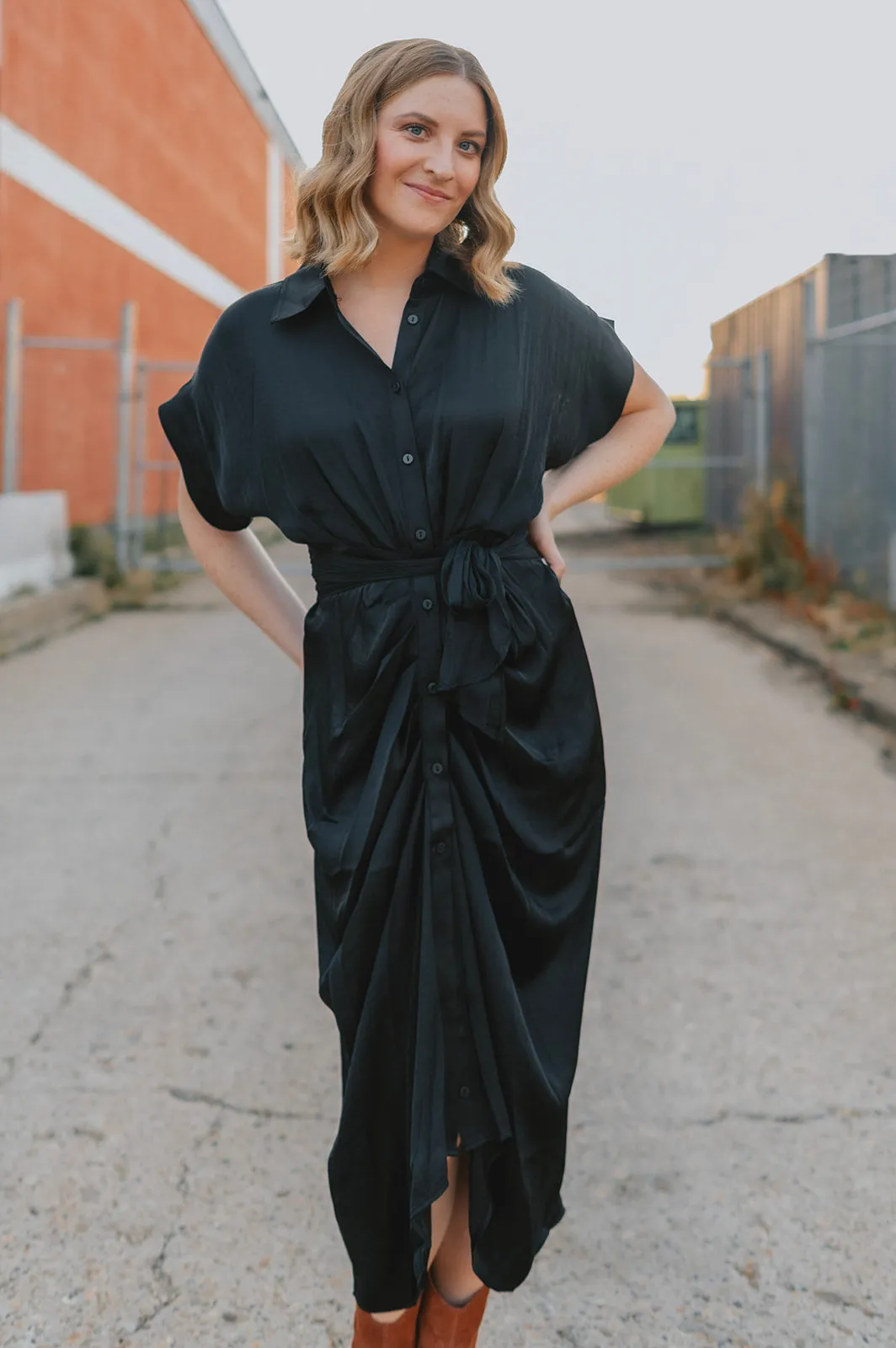 The Tori Satin Midi Shirt Dress - Black