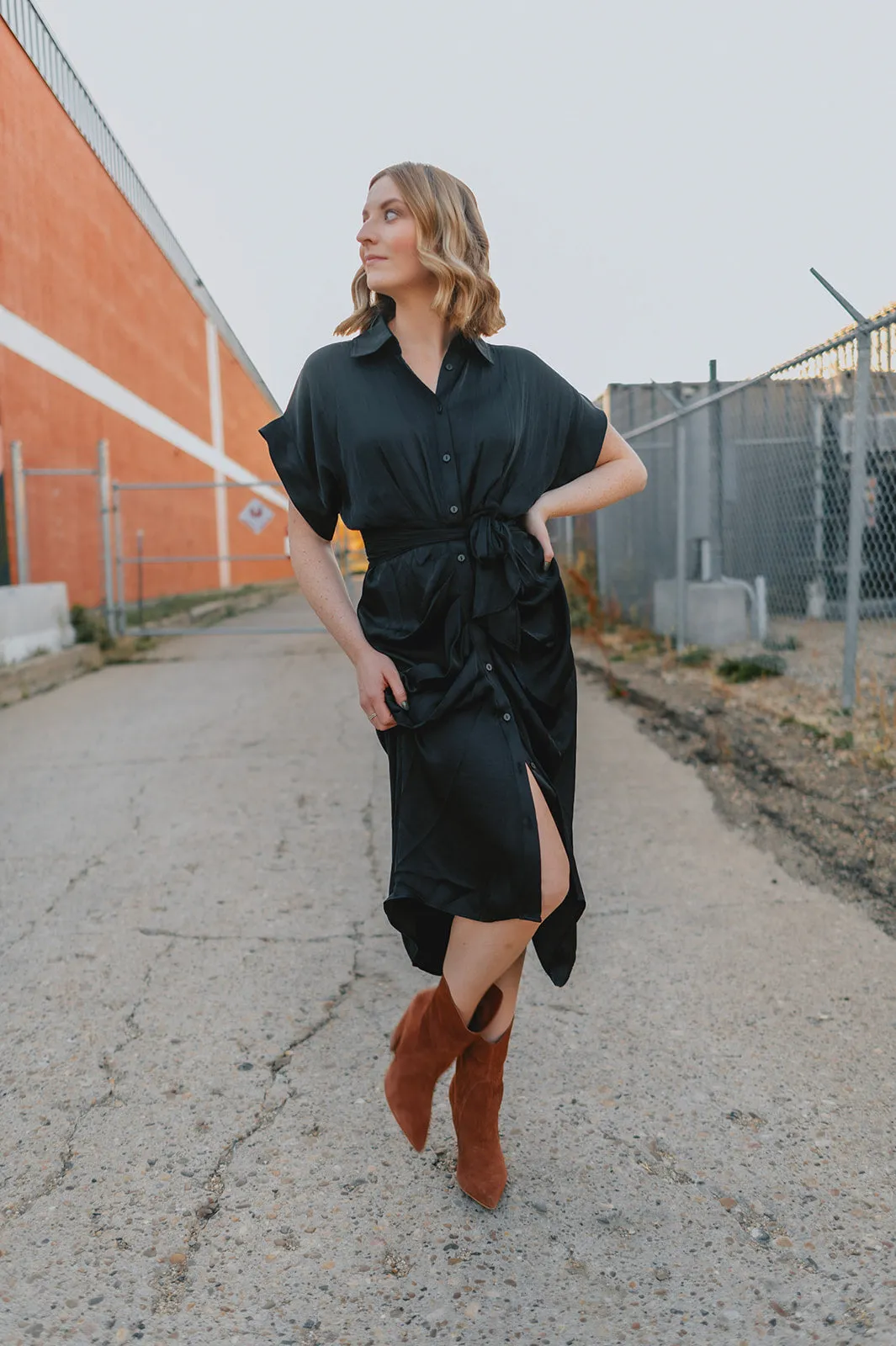 The Tori Satin Midi Shirt Dress - Black