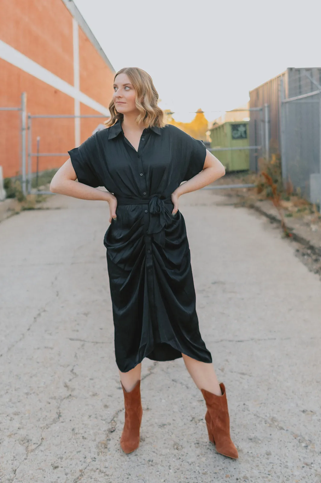 The Tori Satin Midi Shirt Dress - Black