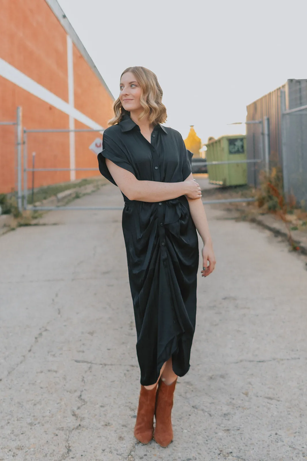 The Tori Satin Midi Shirt Dress - Black