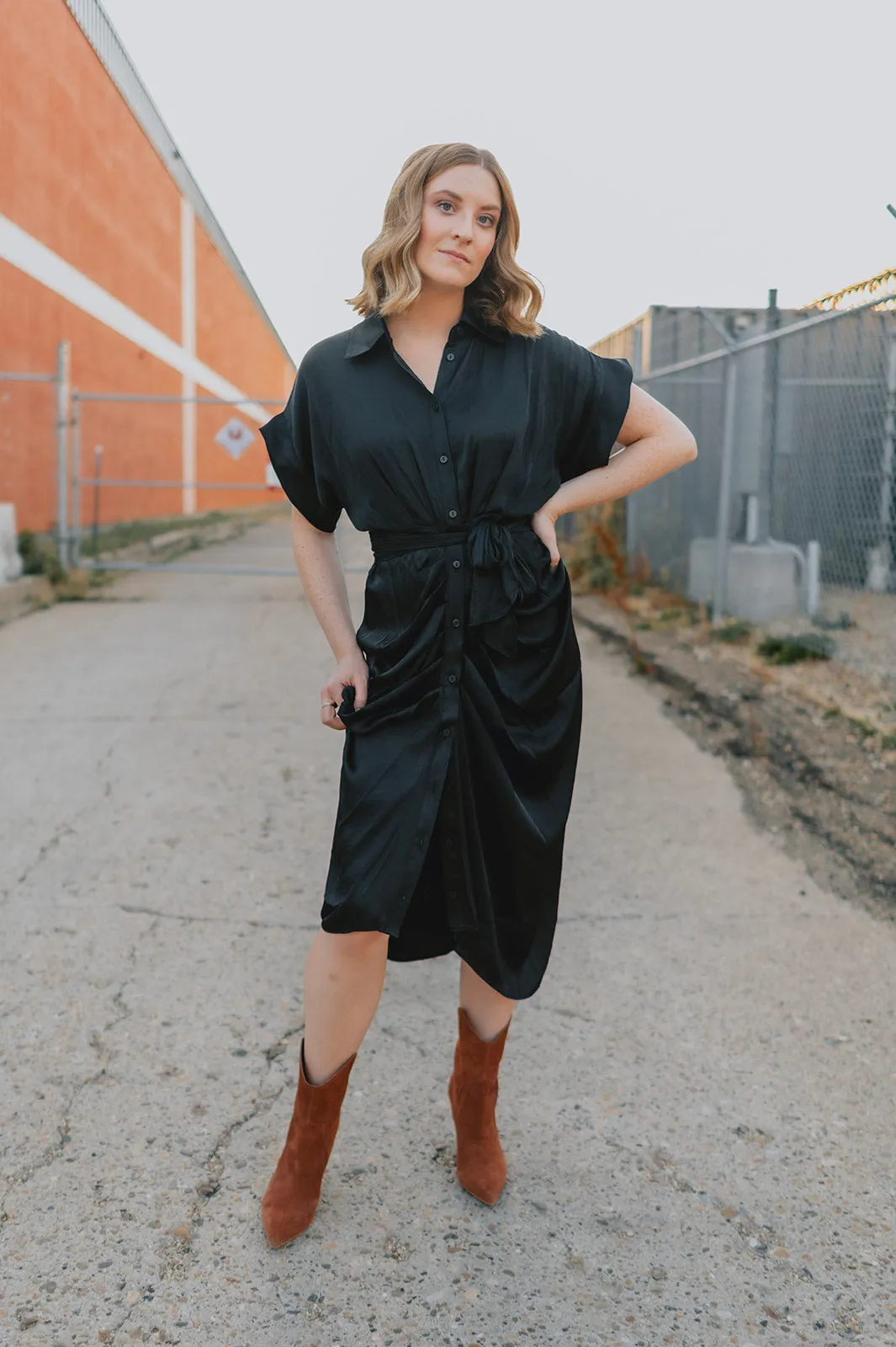 The Tori Satin Midi Shirt Dress - Black