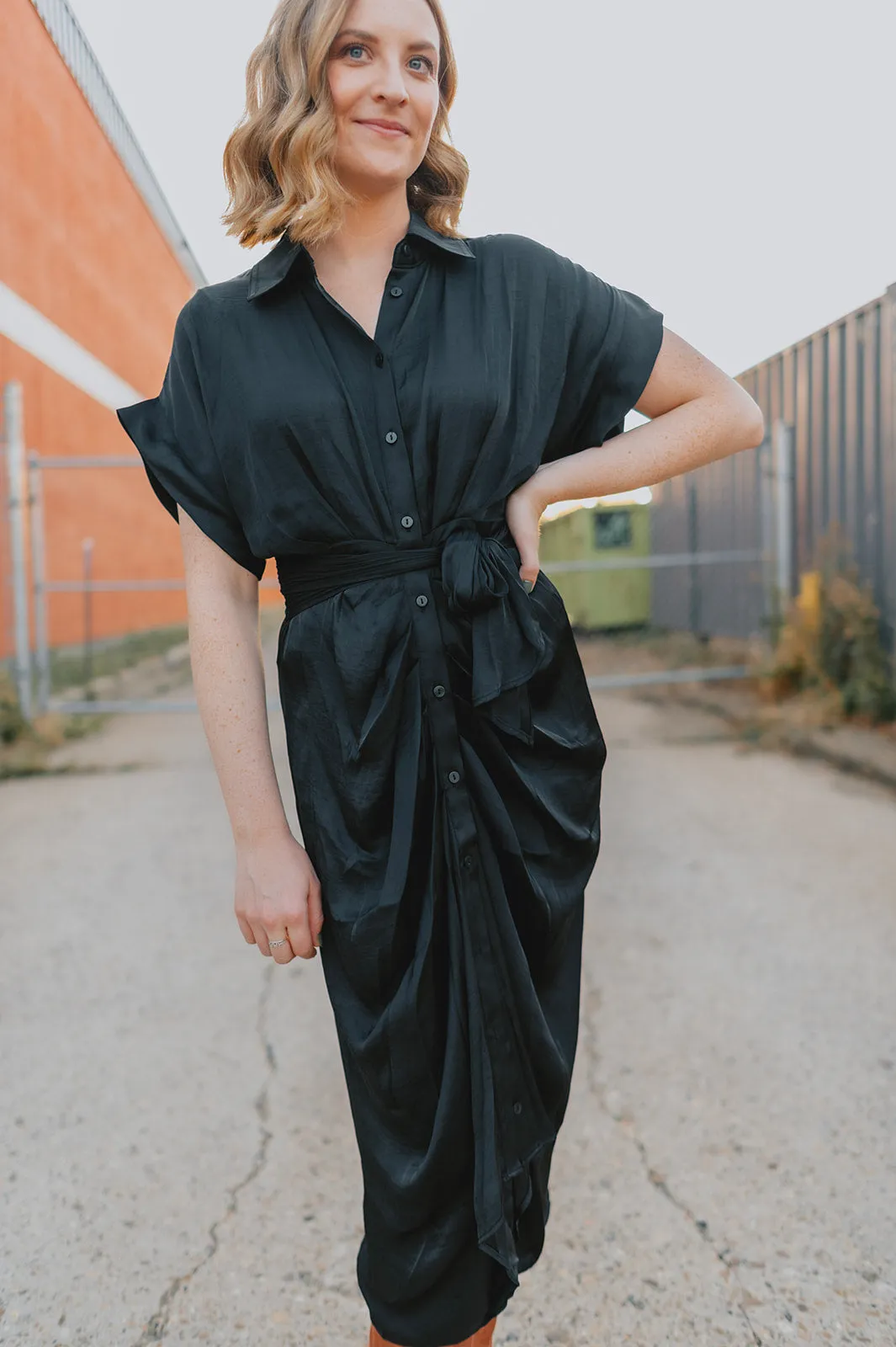 The Tori Satin Midi Shirt Dress - Black