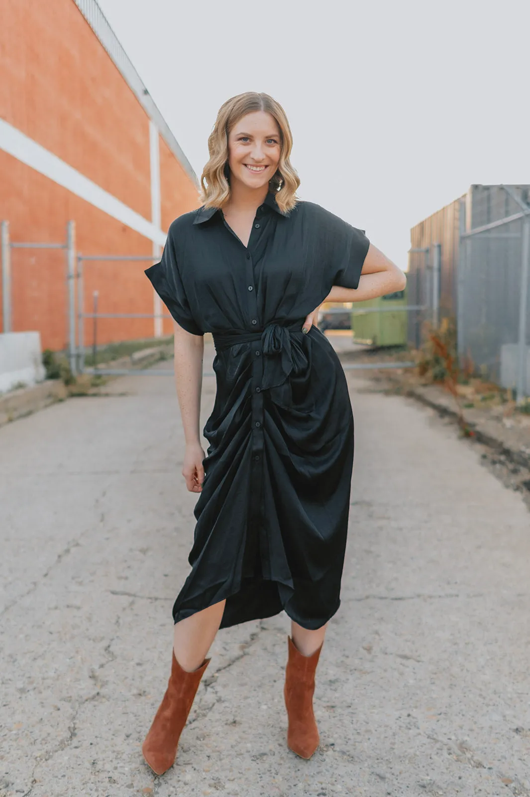 The Tori Satin Midi Shirt Dress - Black