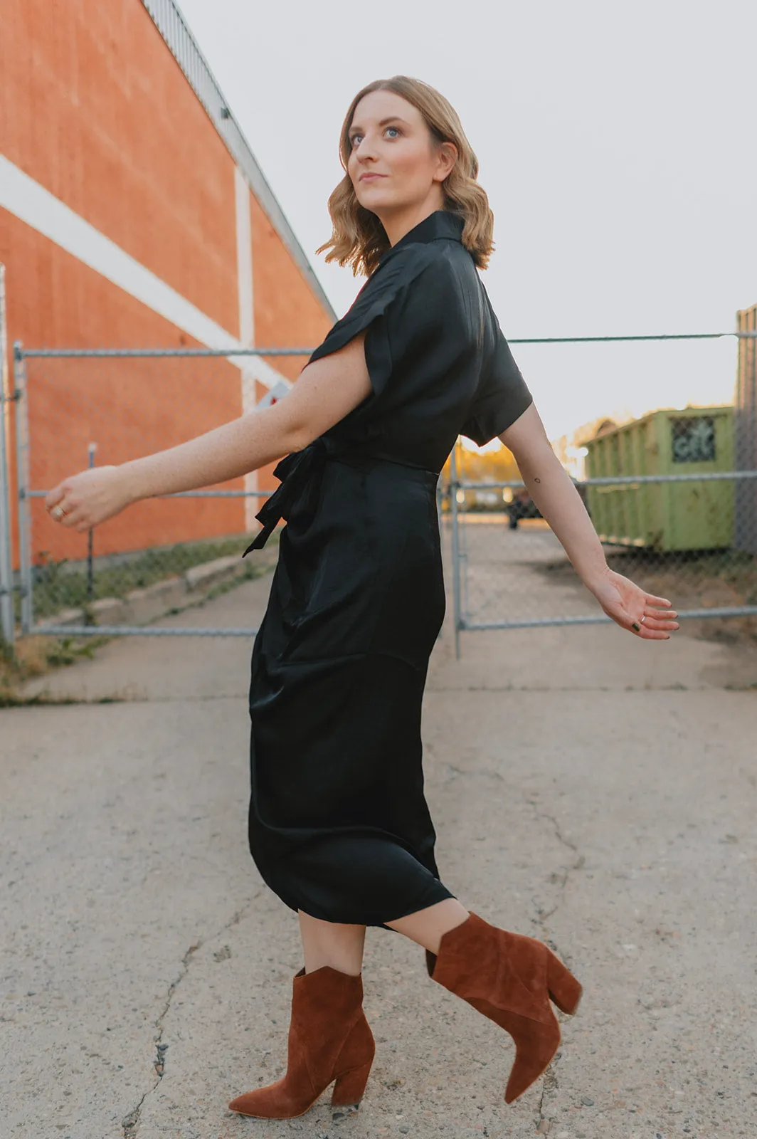 The Tori Satin Midi Shirt Dress - Black