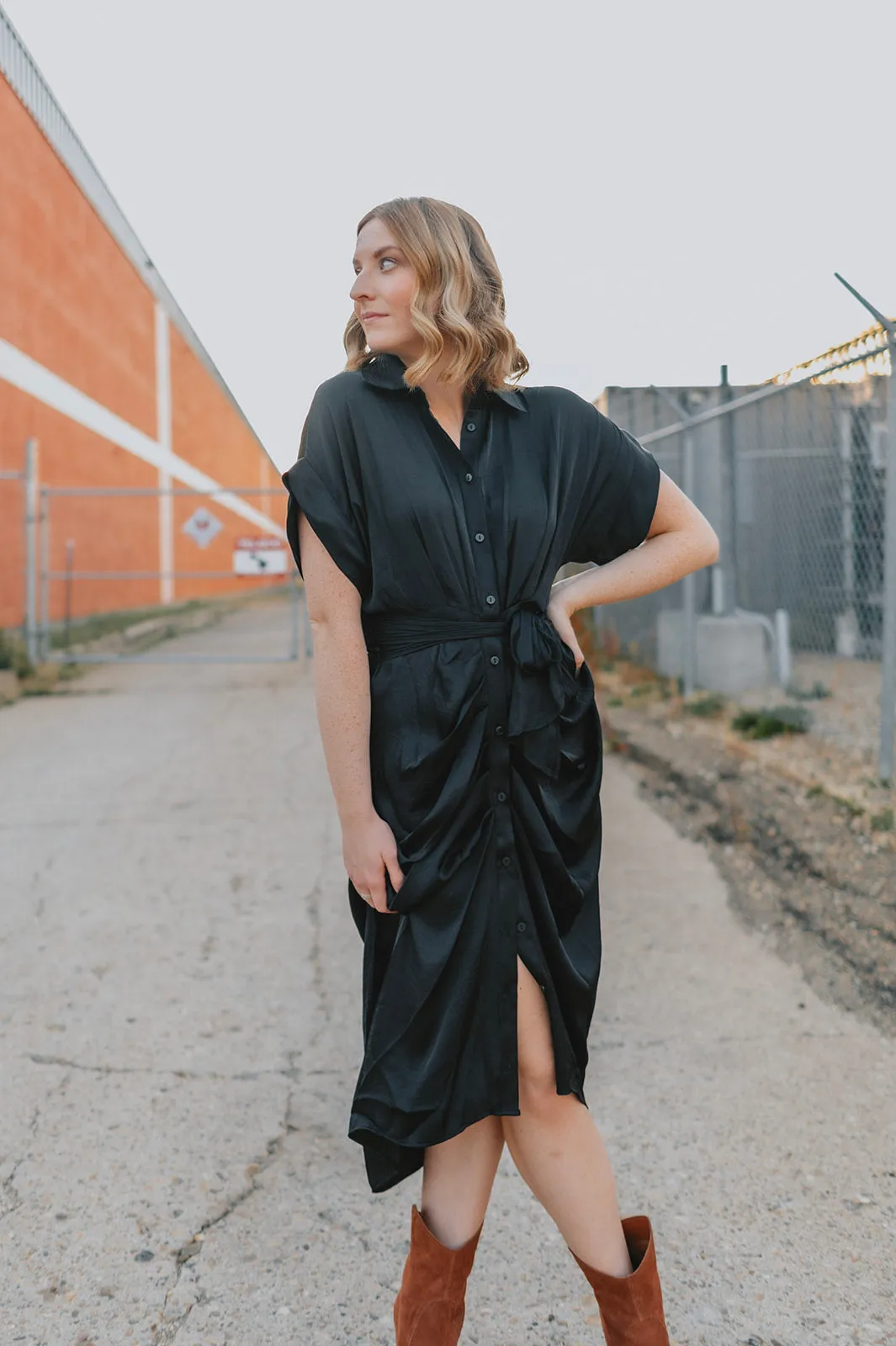 The Tori Satin Midi Shirt Dress - Black