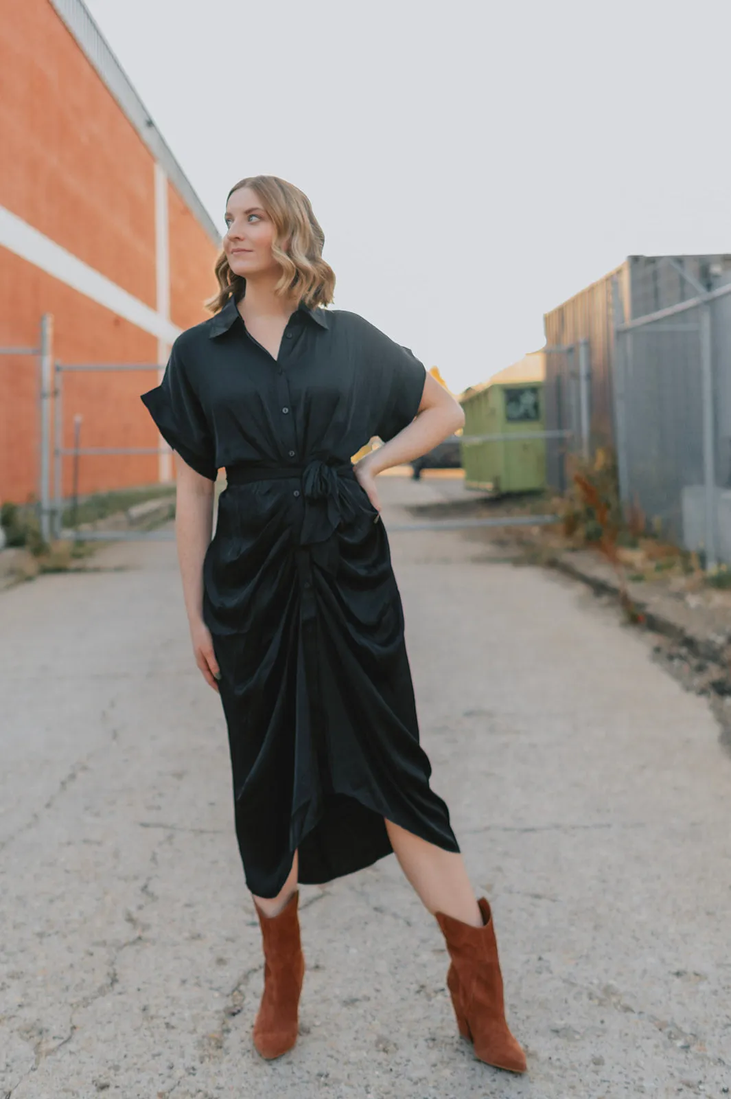 The Tori Satin Midi Shirt Dress - Black