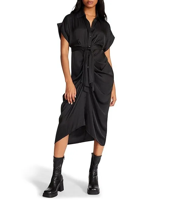 The Tori Satin Midi Shirt Dress - Black