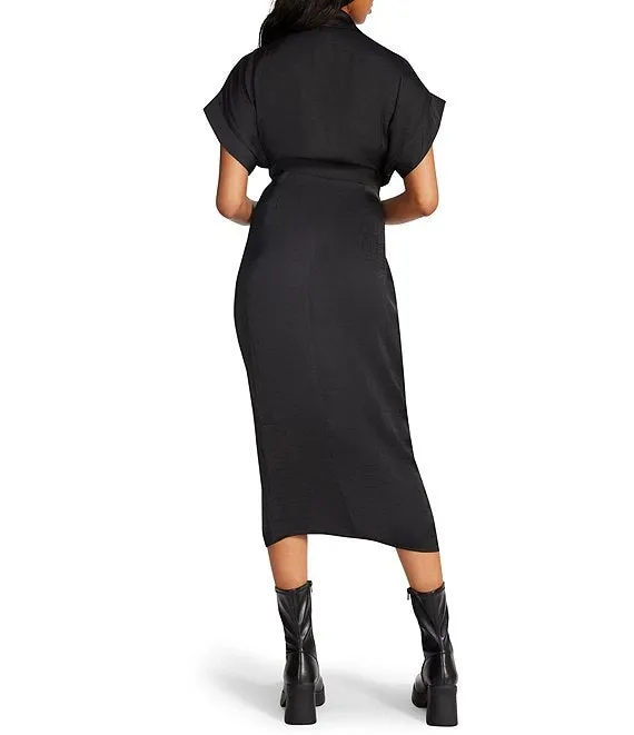 The Tori Satin Midi Shirt Dress - Black