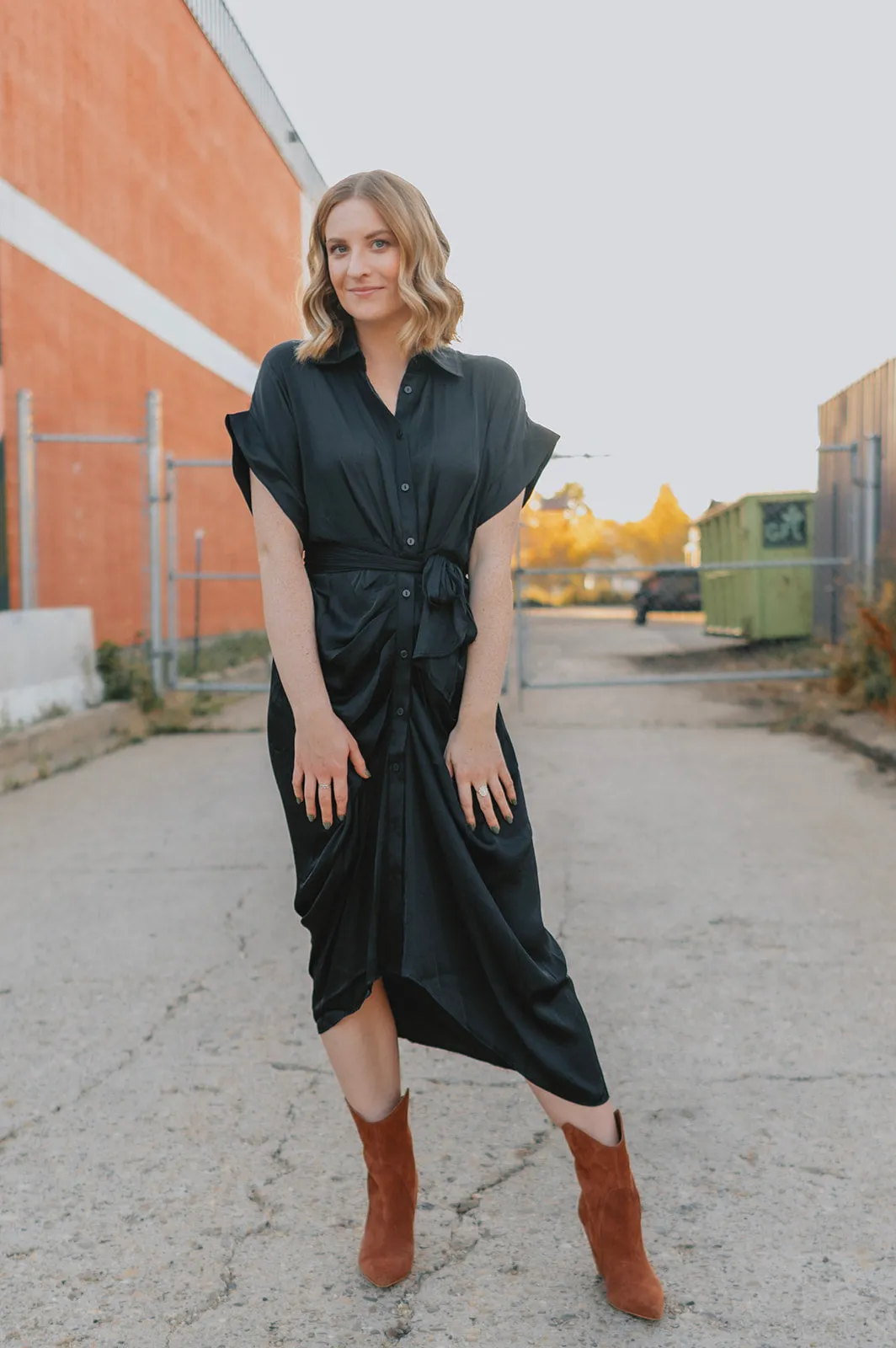 The Tori Satin Midi Shirt Dress - Black