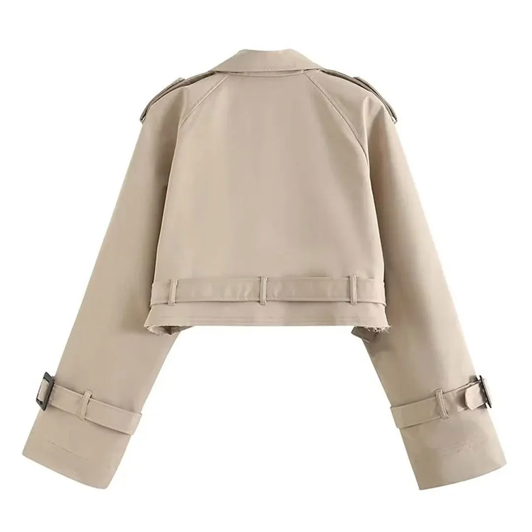 Trendy Lapel Collar Epaulettes Buckled Long Sleeves Cropped Trench Jacket