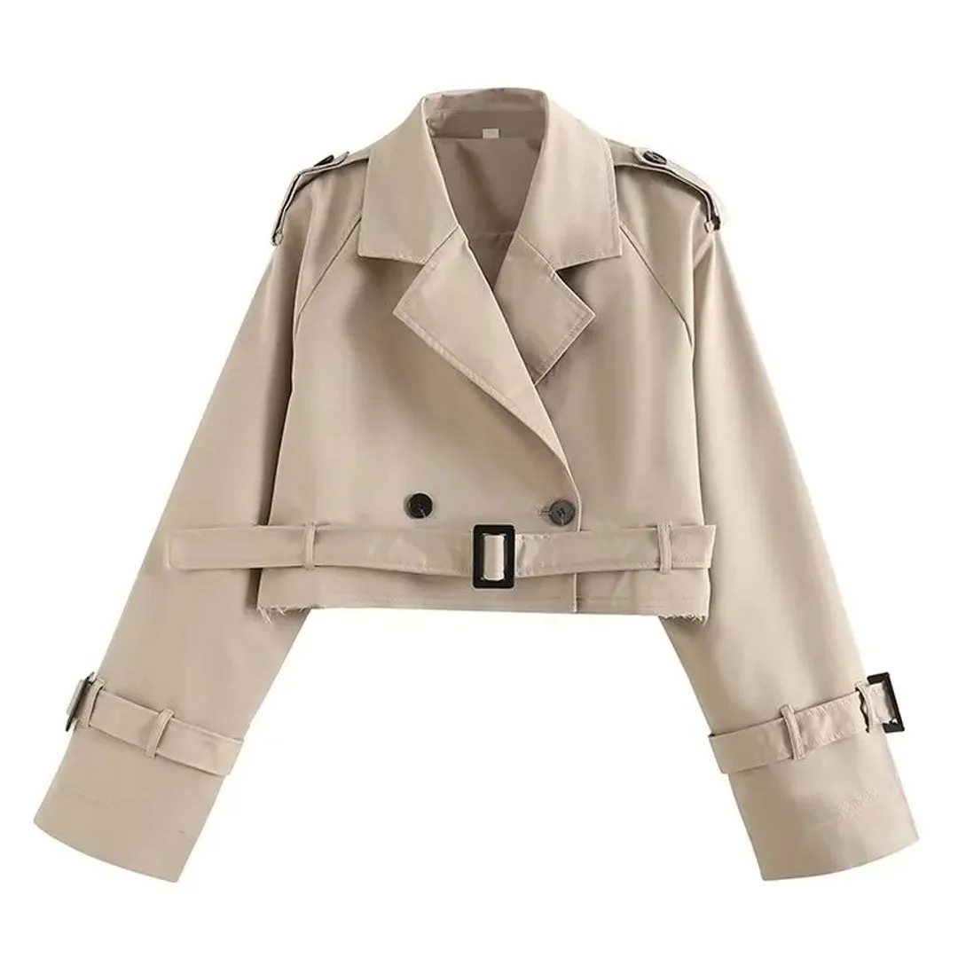 Trendy Lapel Collar Epaulettes Buckled Long Sleeves Cropped Trench Jacket