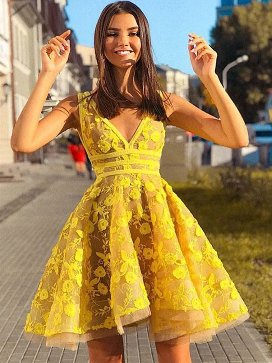 Unique V Neck Lace Appliques Yellow Short Prom Homecoming, Yellow Lace Formal, Graduation, Evening