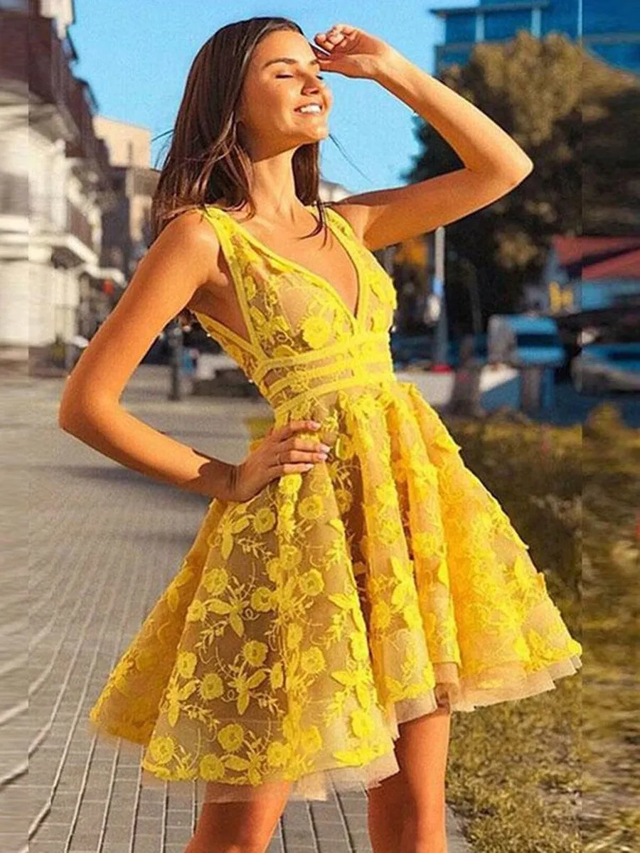 Unique V Neck Lace Appliques Yellow Short Prom Homecoming, Yellow Lace Formal, Graduation, Evening