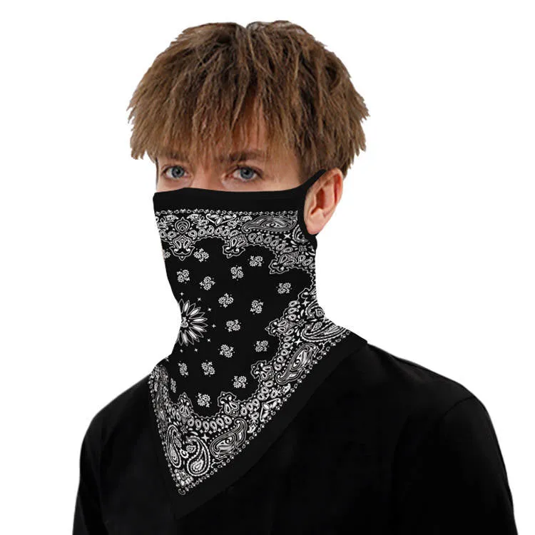 Unisex Face Scarf Bandana with Ear Loops Black Western Bandana