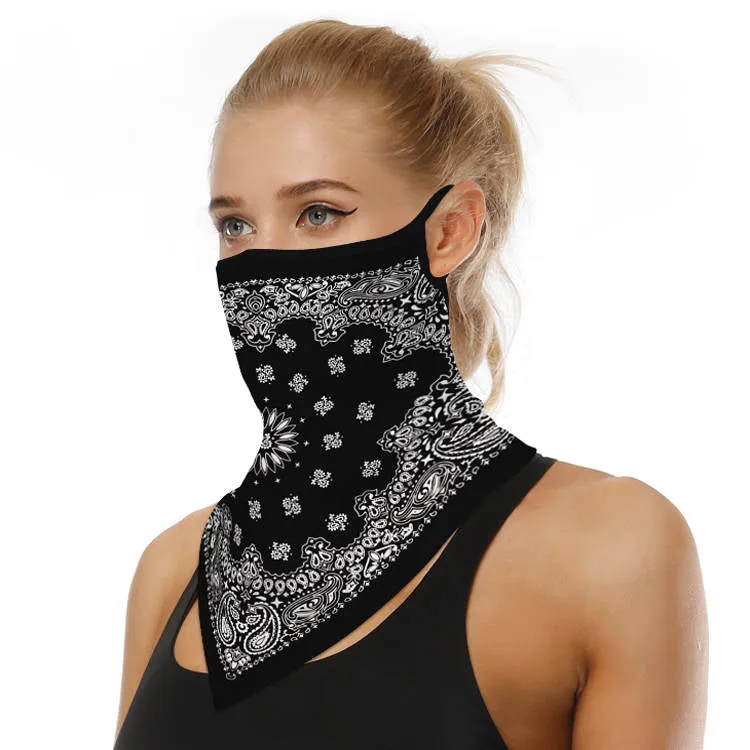 Unisex Face Scarf Bandana with Ear Loops Black Western Bandana