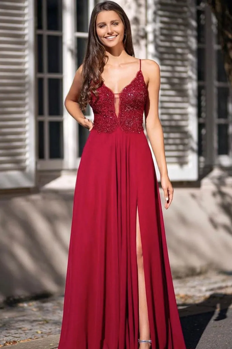 V Neck Open Back Chiffon Burgundy Lace Long Prom Dress with Slit, Burgundy Lace Formal Graduation Evening Dress