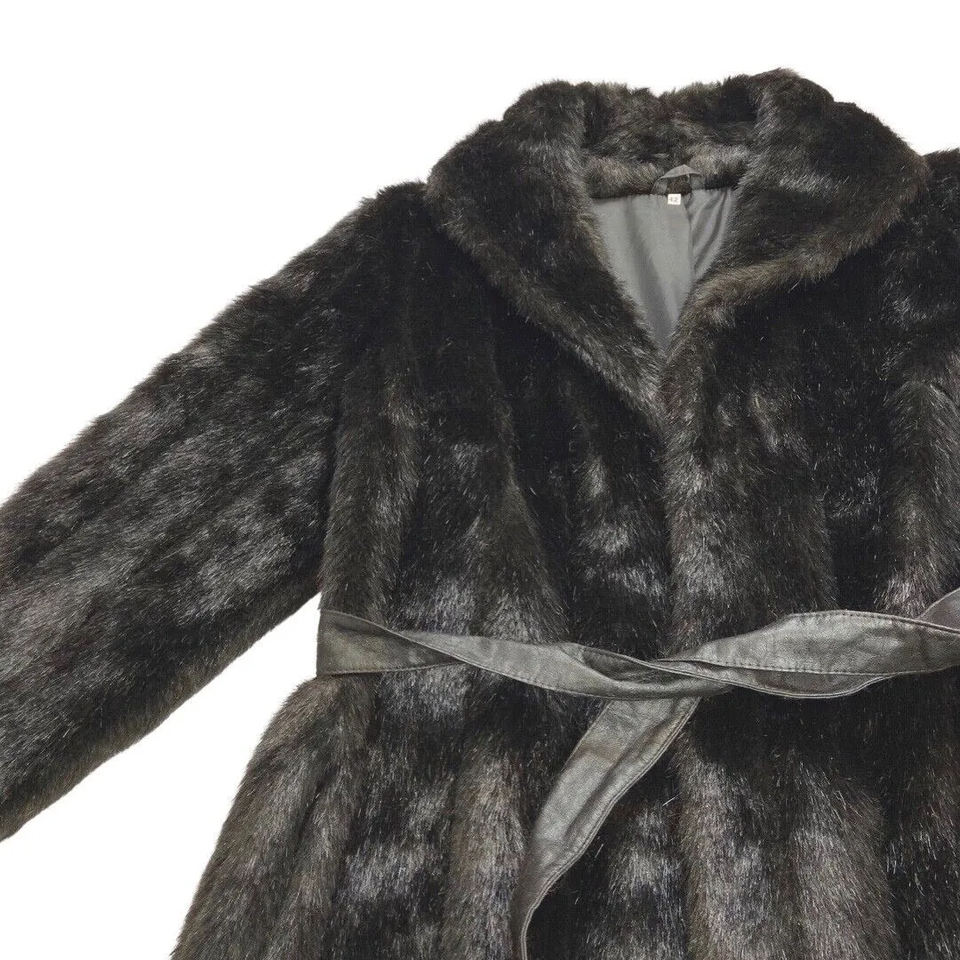 Vintage 70s 80s  Black Belted Long Faux Fur Coat 16 18 L