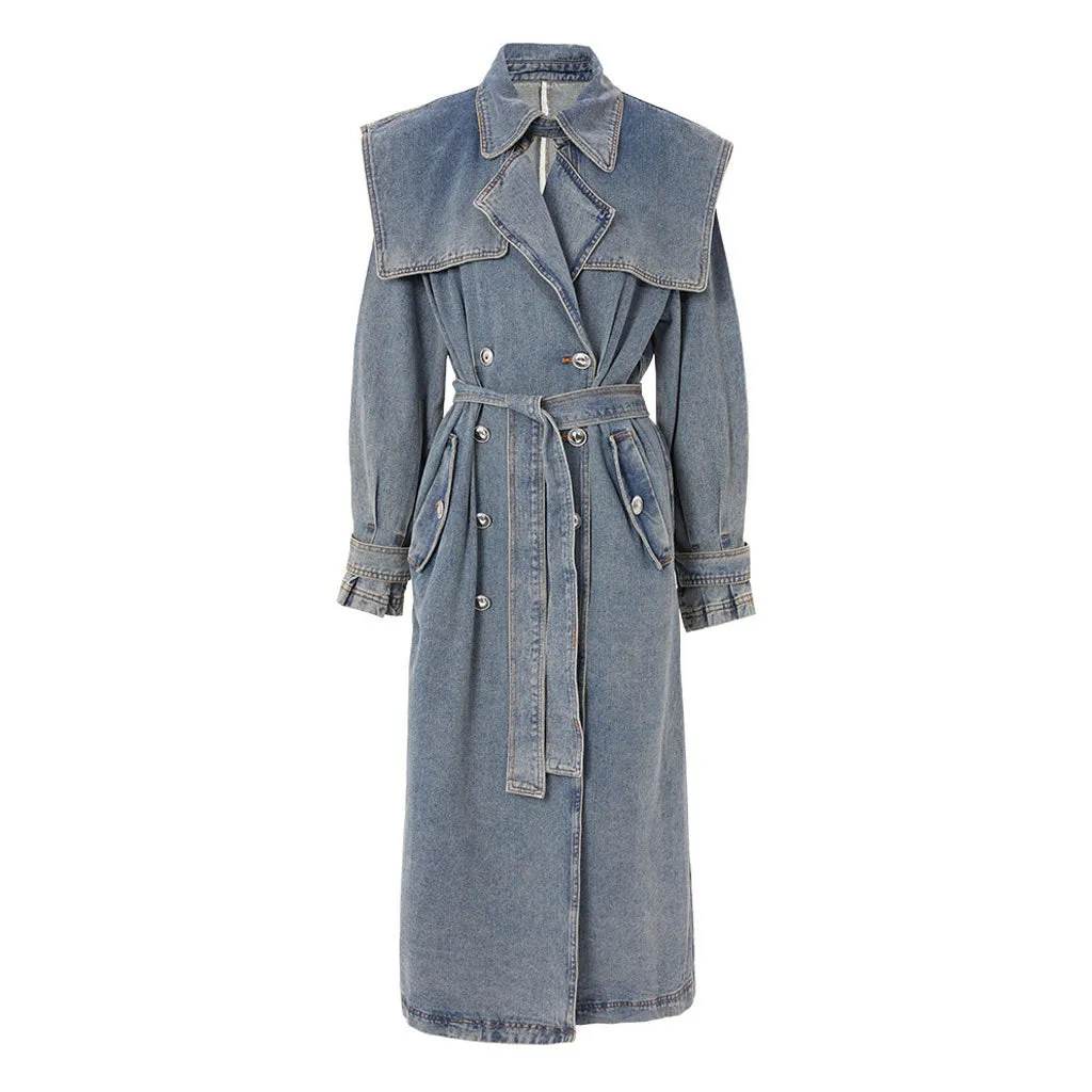 Vintage Buttoned Collar Belted Double Breasted Worn In Effect Denim Trench Coat