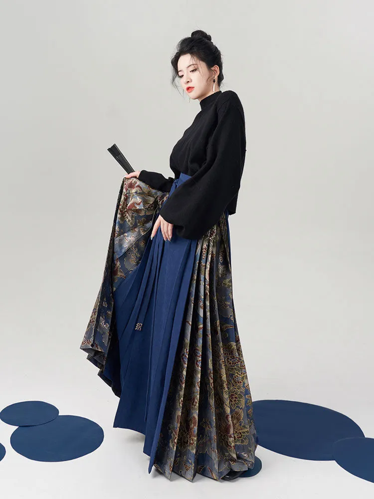 Vintage Chinese Blue Tang Dynasty Floral Tree and Bird Pattern Hanfu Mamianqun Skirt