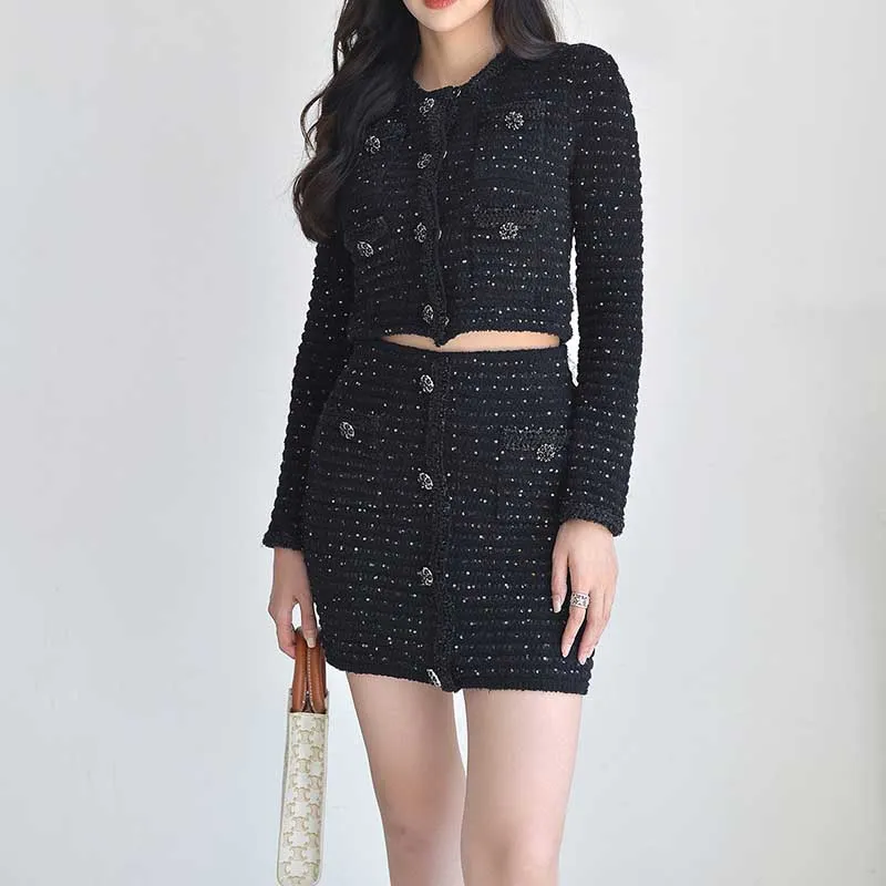 Women Black Skirt Suit Knitwear Cardigan Top Skirt Suit