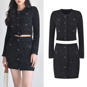 Women Black Skirt Suit Knitwear Cardigan Top Skirt Suit