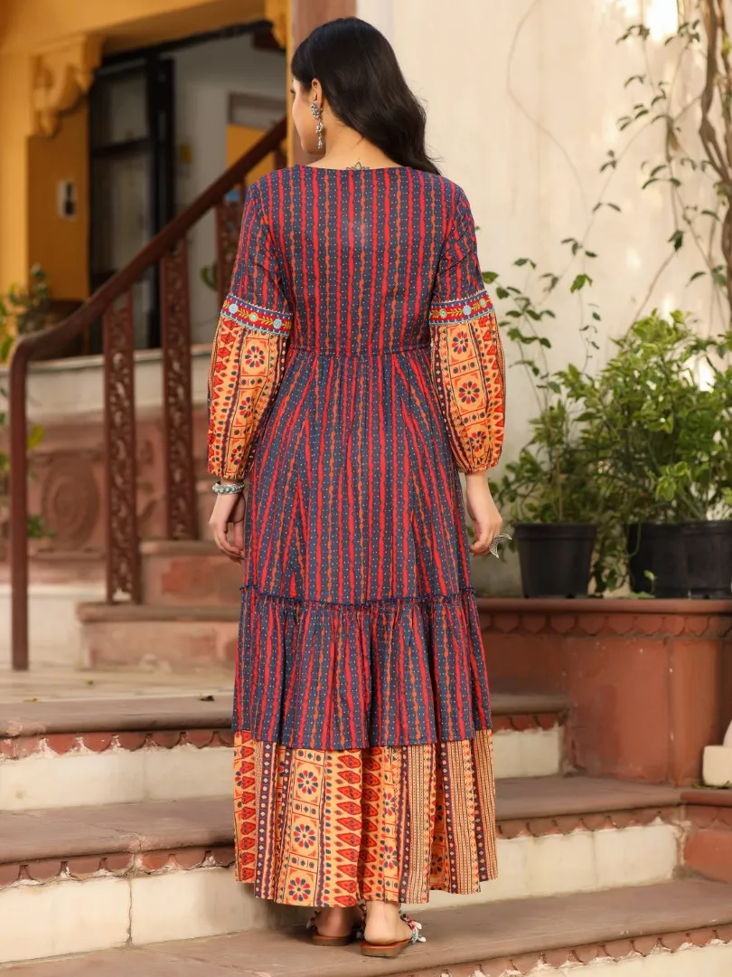 Women Ikat Printed & Embroidered Rust Cotton Voile Tiered Maxi Dress