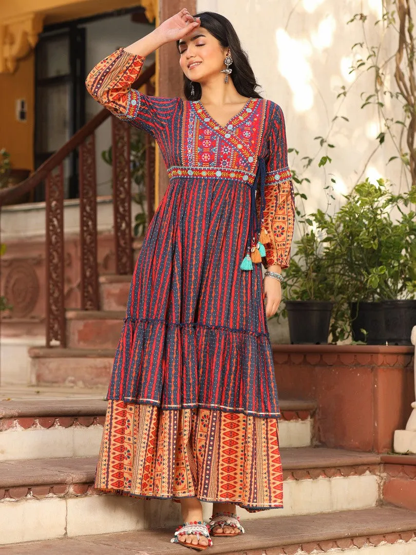 Women Ikat Printed & Embroidered Rust Cotton Voile Tiered Maxi Dress