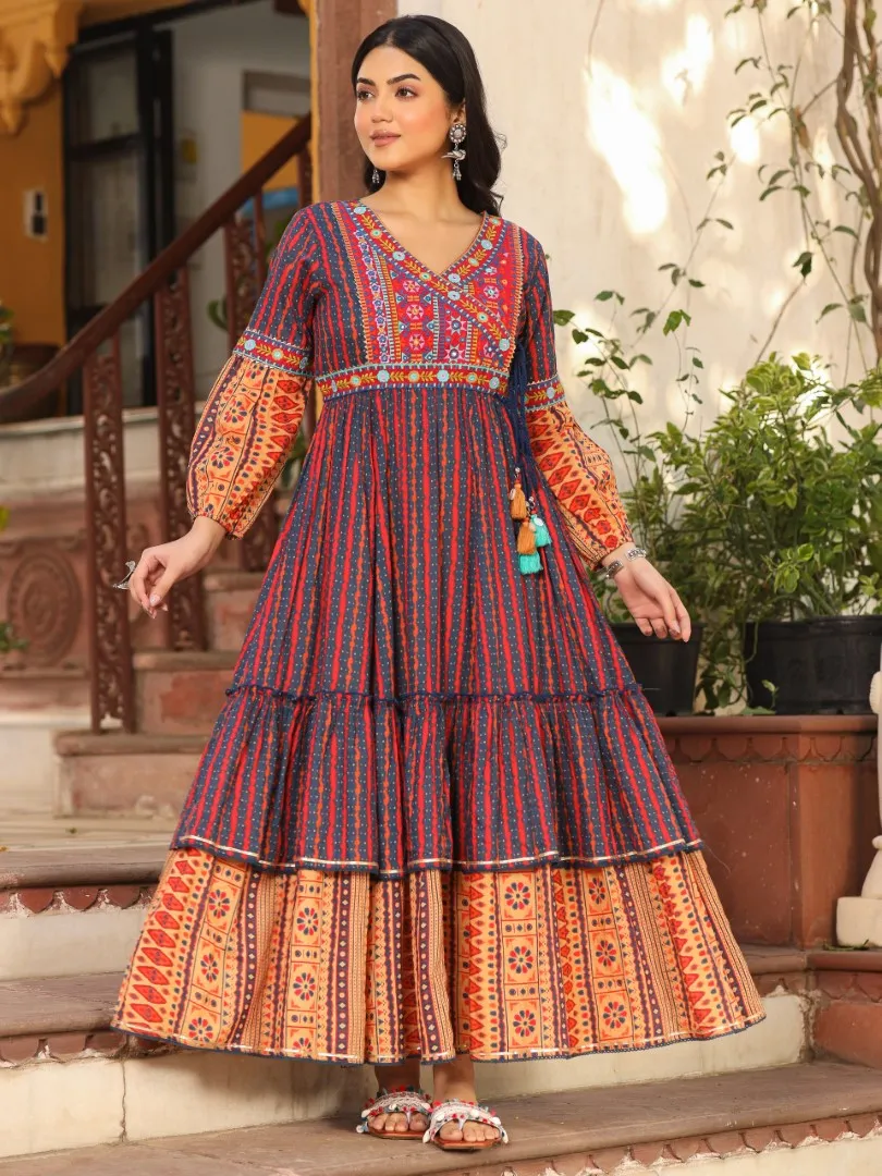 Women Ikat Printed & Embroidered Rust Cotton Voile Tiered Maxi Dress