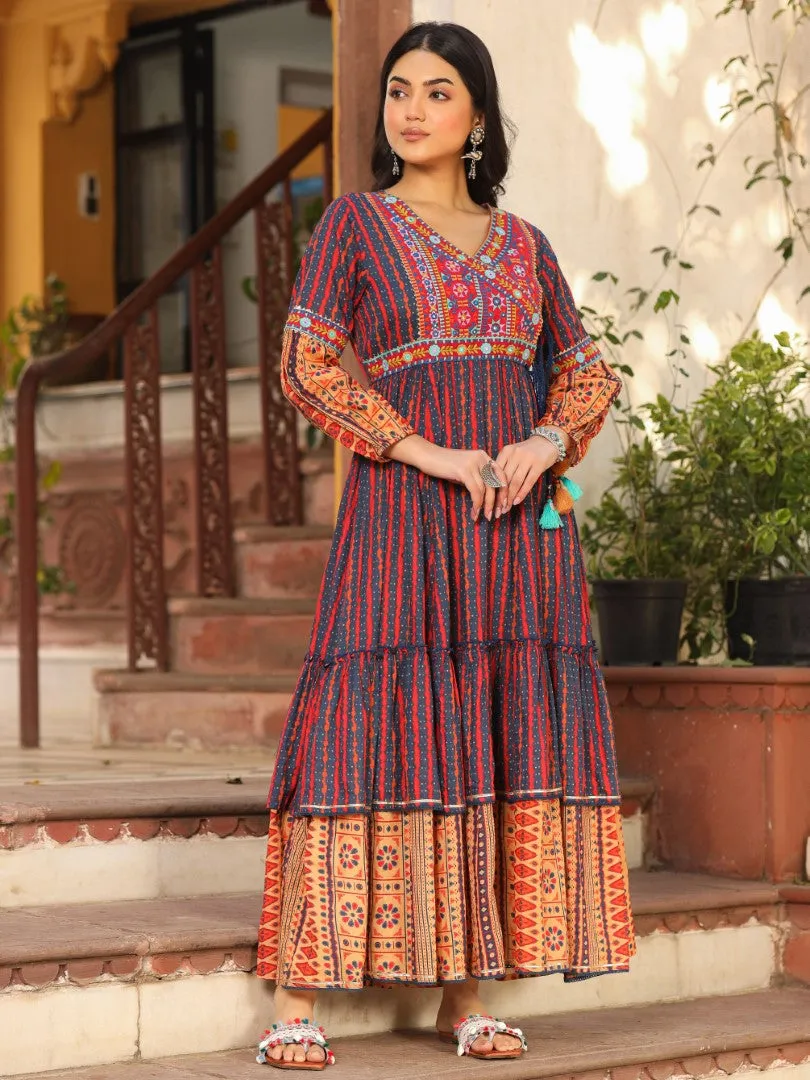 Women Ikat Printed & Embroidered Rust Cotton Voile Tiered Maxi Dress