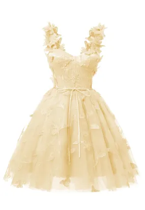 Yellow 3D Butterfly Lace Applique Tulle Homecoming Dress for Teens Sweetheart Mini Short Prom Dresses