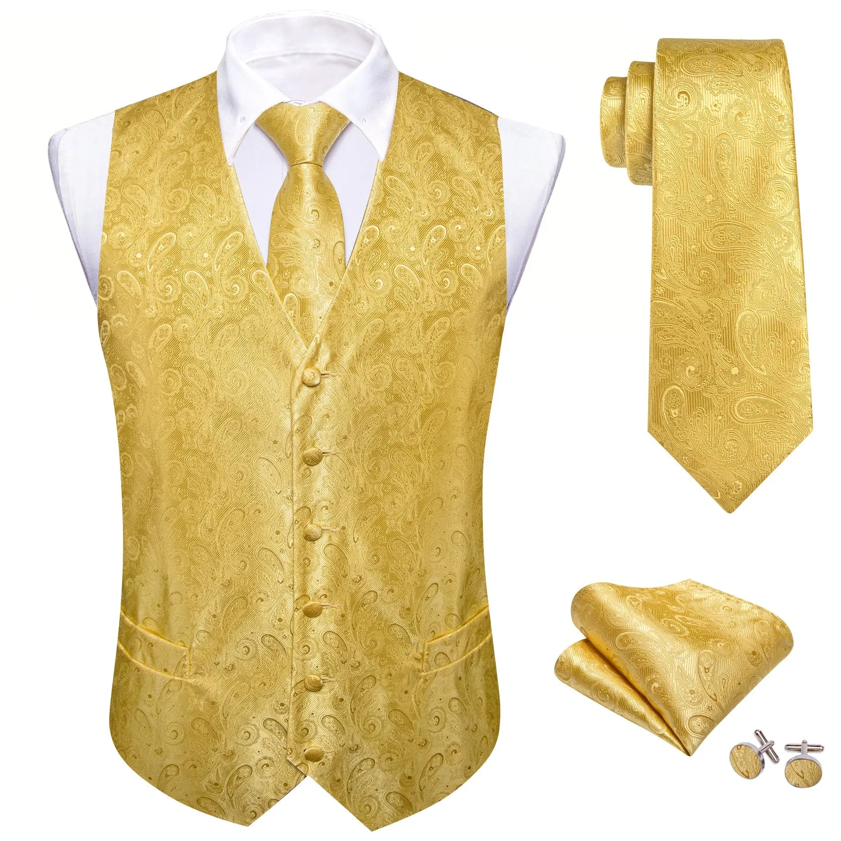 Yellow Formal Paisley Floral Men's Vest Tie Hanky Cufflinks Silk Set